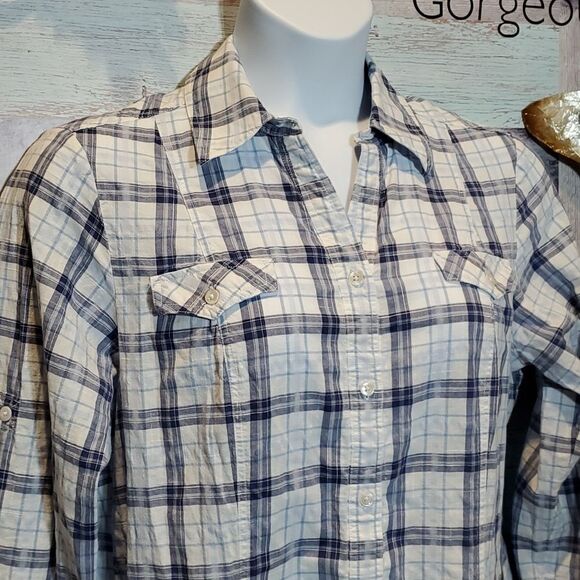 Pendleton Sz XL Ladies White Blue Plaid Casual Button Up Cotton Blouse 824 - Picture 3 of 10